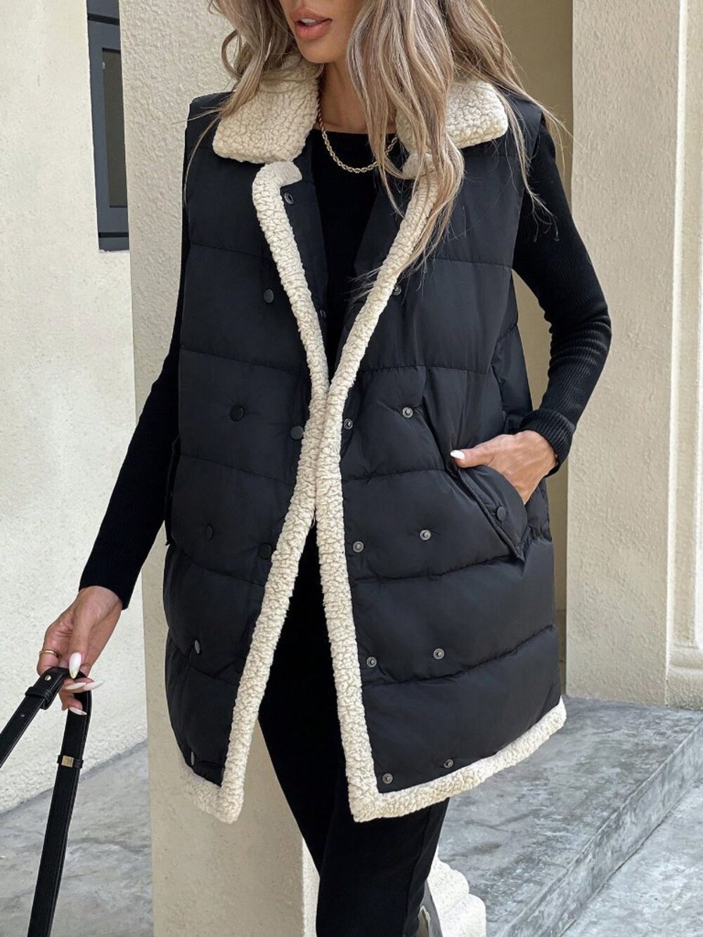 Black Casual Women's sherpa detailed Geometric Quilted Padded Sleeveless Vest - Picture 4 of 8